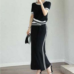 Fashion women's suit western style casual short-sleeved ice silk knitted top + high-waist wide-leg pants 2-piece set 210520