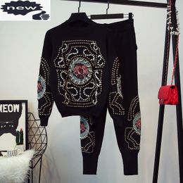 Autumn Women Pearls Beading Knitwear Sweater Top Two Piece Set Floral Embroidery Joggers Sweatpants Tracksuit Casual Outfits Women's Pants