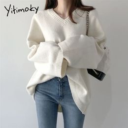 Yitimoky Sweater Women Black White Pullovers Korean Style Autumn Winter Loose Casual V-Neck Knitted Top Solid Clothing 210812