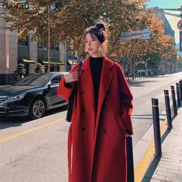 Woman Long Coat Black Red Korean Retro Loose Wool Belt Woollen Windbreaker Oversize Fashion Autumn Women Thick 3Xl 211118