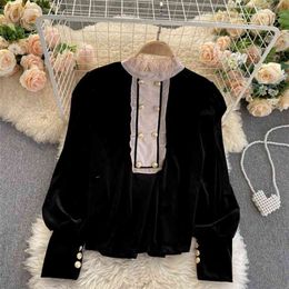 Autumn Winter Coat Women's Sweet Wood Ear Stand Collar Stitching Retro Velvet Bottoming Shirt UK805 210506