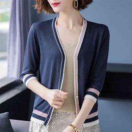 Fashion Striped Knit Cardigan Sweater Female Long-sleeved Thin Section Sunscreen V-neck Air-conditioned Women Spring 210427