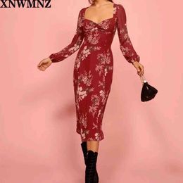 Za Vintage Long Sleeve Red party dress Chic Floral Print Split vestidos Fashion Back Tie Bandage Women midi Dress High quality 210510