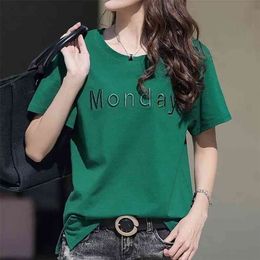 100% Cotton T Shirt Woman Summer Fashion Embroidery Short Sleeve T-shirt Women s Korean Style Plus Size 210623