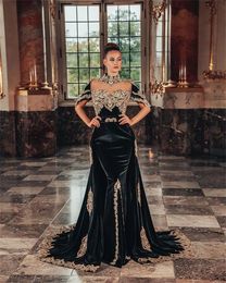 Algerien Schwarzer Vintage-Kaftan Veet-Abend mit goldener Spitze 2022 High Neck Mermaid Dubai Formal Prom Celebrity Dresses