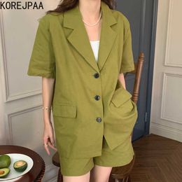 Korejpaa Women Sets Summer Korean Chic Retro Suit Collar Three Button Cardigan Jacket High Waist Wide Leg Casual Shorts 210526