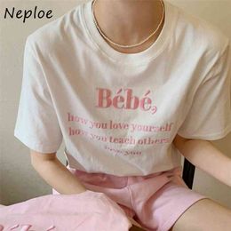 Neploe O Neck Pullover Short Sleeve T Shirt Women Letter Print Loose Causal Tees Summer Cotton Ladies Top Multicolor 210623