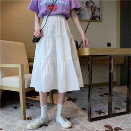 Summer Vintage High-Waisted Skirt Women Casual Wild Pleated For Teenagers Korean Style Black White Ruffle Midi 210421
