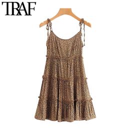 TRAF Women Chic Fashion Leopard Print Ruffle Mini Dress Vintage Backless Elastic Bow Tied Straps Female Dresses Mujer 210415