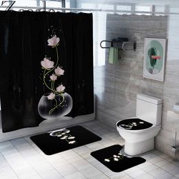 Non Slip Toilet Seat Cover Bath Mat Polyester Waterproof Shower Curtain Set Bathroom Carpet Home Decor Bathroom Foot Mat 210724
