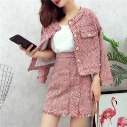 Autumn Winter Runway Tweed Set Women's Single Breasted Short Jacket Coat + High Waist Tassels Bodycon Mini Skirt Suit 210416