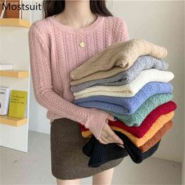 Twisted Knitted O-neck Jumper Pullover Women Spring Long Sleeve Slim Solid Casual Fashion Korean Female Sweater Tops Femme 210513