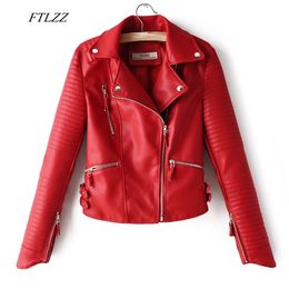 Autumn Women Faux Soft Leather Jacket Pu Motorcycle Zipper Rivet Coat Turndown Collar Black Red Pink Biker Outwear 210430