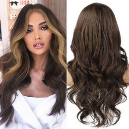 Long Black Brown Gloden Honey Wavy Wig with Highlights Cosplay Synthetic Wigs Women Heat Resistant Middle Part Wigsfactory direct