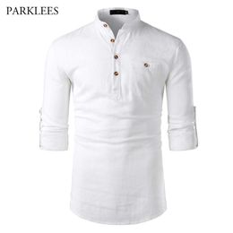 White Cotton Linen Shirt Men Stand Collar Long Sleeve Mens Dress Shirts with Pocket Casual Business Work Chemise Homme Tops 210721