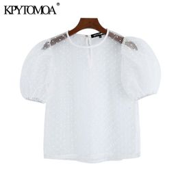 Sexy Transparent Dotted Mesh Cropped Blouses Women Fashion O Neck Short Sleeve Female Shirts Blusas Chic Tops 210420