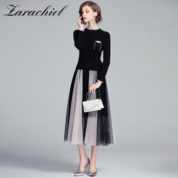 Fashion Spring Women's Knitting Stitching Color Block Polka Dot Two Layer Mesh Elegant Office Midi Long Dresses 210416