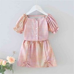 Children's Clothes Set 2-piece Summer Lantern Sleeve Short-sleeved Top + Bow Short Skirt Girl 210515