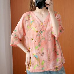 Oversized Women Cotton Linen Blouses Shirts New Summer Vintage Style V-neck Floral Print Female Loose Casual Tops S1668 210412