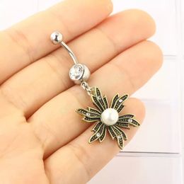Body Piercing Jewelry Pearl Leaf shape dangling Belly Button Ring for Women Stianless steel navel rings Wholesale