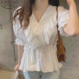 Women White Lace Blouse Summer Sweet V-neck Short Butterfly Sleeve Ruffles Tops Blusas Loose Clothes Chiffon Blouses 13505 210417