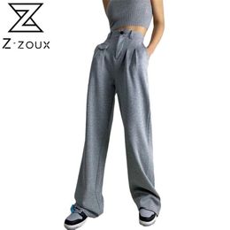 Women Pants Capris Grey High Waist Fashion Straight Loose Long Casual Trousers All Match 210513