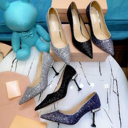 Casual Designer Fashion Women Shoes Silver Glitter Strass Pointy Toe Stiletto Stripper High Heels Bride Wedding Pumps Genuine Leather