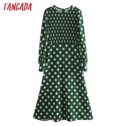 Fashion Women Dots Print Pleated Back Zipper Vintage Long Sleeve Office Ladies Midi Dress CE110 210416