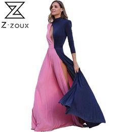 Women Dress Hollow Out Split Sexy Colour Stitching Maxi es Temperament Long Sleeve High Waist Ball Gown 210524