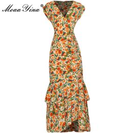 Fashion Designer Summer Party Midi Dresses Women's V-neck Ruffles Short sleeve Floral print slim Mermaid Dress Vestidos 210524