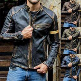 Men's Bomber Jacket Stand Collar Punk Retro Leather Jackets Mens Spring Autumn Street Classic Motorcycle Coat Men 210923