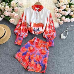 Spring Retro Print Suit For Women Lantern Sleeve Loose Casual Shirts + High Waist Wide Leg Short Pants Two Piece Set Outfit 210428