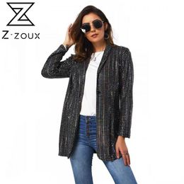 Women Blazer Single Button Long Sleeve Ladies Black Coat Sequined Stitching Women's Slim Suit Jacket Autumn Winter 210524