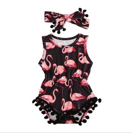 Baby Girl Clothes Flamingo Printed Toddler Rompers Headband 2pcs Sets Sleeveless Infant Jumpsuits Tassel Newborn Climbing Clothing YW4063-
