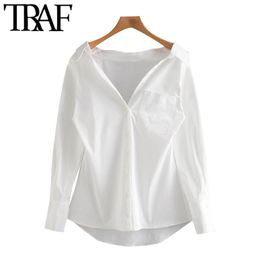 TRAF Women Fashion With Pockets Asymmetric Blouses Vintage Long Sleeve Button-up Female Shirts Chic Tops 210415