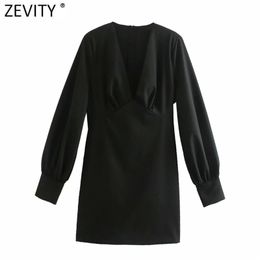 Women Fashion Deep V Neck Black A Line Mini Dress Female Chic Puff Sleeve Pleats Vestido Casual Slim Clothing DS4920 210416