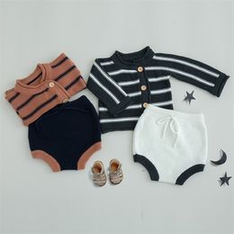 Infant Baby Boys Girls Cross Stripe Knit Long Sleeve Coat + Shorts Pants Clothing Sets Kids Boy Girl Suit Clothes 210521