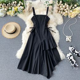 Neploe Black Asymmetrical Safari Style Camisole Dress Summer New Slim Wasit Drawstring Fashion Cool Women Dresses 82060 210423