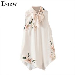 Vintage Floral Print Blouse Women Stylish Bow Tie Collar Irregular Shirt Female Sleeveless Casual Elegant Blouses Tops 210414