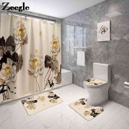 4pcs Floral Bathroom Carpet Bath Curtain Set Toilet Rugs and Shower Curtain Toilet Seat Cover Floor Mat Bathroom Mat Shower Mat 210401