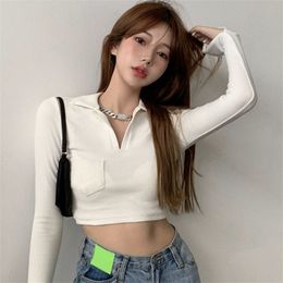 Spring Long-sleeved Bottoming Shirt Slim Wild Student Solid Colour Thin Short T-shirt Ladies Top 210529