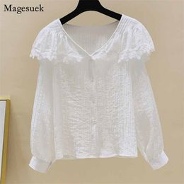 Loose Long Sleeve White Tops For Women Fashion Korean Sweet Blouse Ruffles Cardigan Button Up Shirt Blusa 11235 210512
