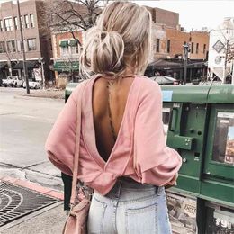 Foridol backless blouse shirt autumn winter women bouse tops solid pink blue o neck ladies pollover casual blouse shirts 210415