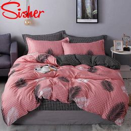 Nordic Bedding Set Leaf Printed Bed Linen Sheet Plaid Duvet Cover 240x220 Single Double Queen King Quilt Covers Sets Bedclothes 210706