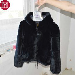 Women Winter Warm Soft Quality Real Rex Rabbit Fur Coat Short Jacket Hooded Overcoat 211220