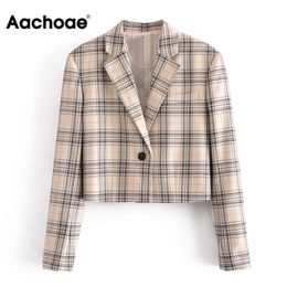 Aachoae Vintage Plaid Cropped Blazer Women Fashion Long Sleeve Jacket Coat High Street Notched Collar Tops Chic Outerwear 210413