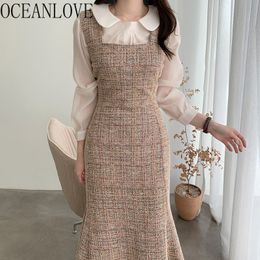 Mermaid Winter Dress Woman Tweed Bodycon Korean Vintage Vestidos Elegant Clothing Plaid Robes Hiver High Waist 18810 210415