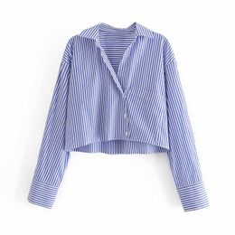 ZA Blue Striped Crop Shirt Women Long Sleeve Loose Casual Summer Blouse Feminine Fashion Front Patch Pocket Short Tops 210602