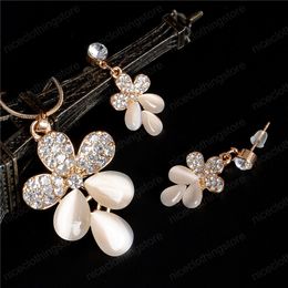 Crystal Opal Stone Jewellery Sets Gold Colour Flower Pendant Necklace Drop Earrings Set For Women