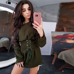 Women Vintage Sashes Sweatshirt Party Dress Long Sleeve O neck Solid Elegant A-line Casual Dress Winter New Fashion Dress 210412